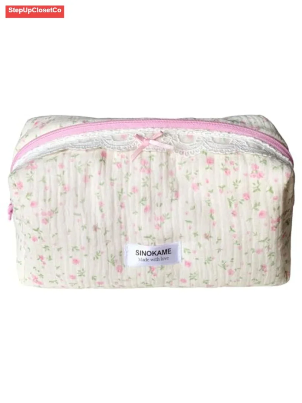 Handmade Quilted Cotton Makeup Bag Floral Bow Cute Cosmetic Pouch